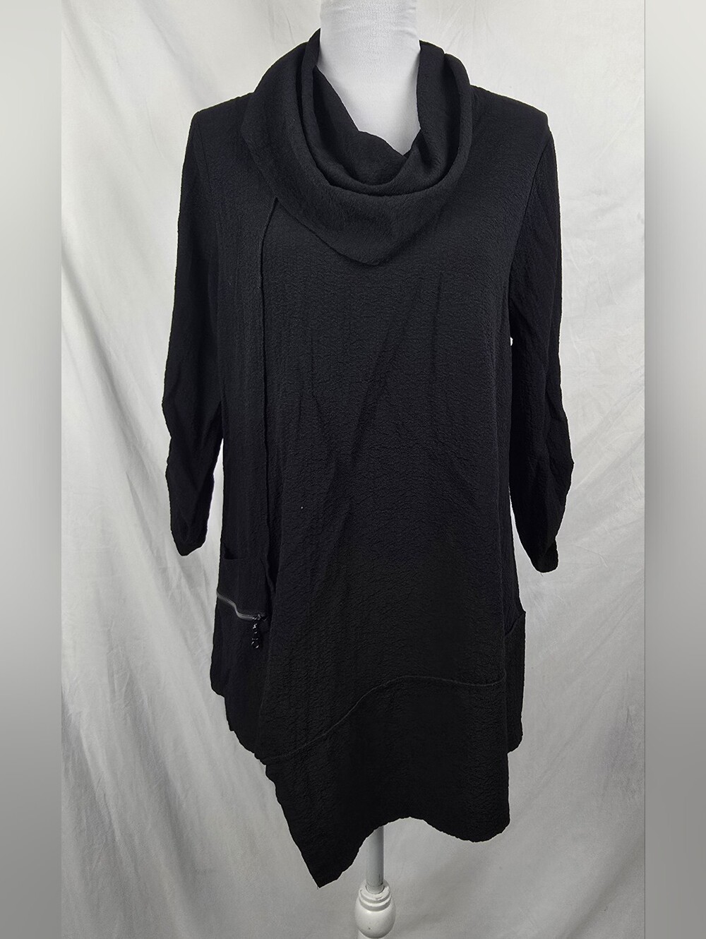 Ali Miles Black Cowl Neck Lagenlook Crinkle Textured Artsy Tunic Top sz M